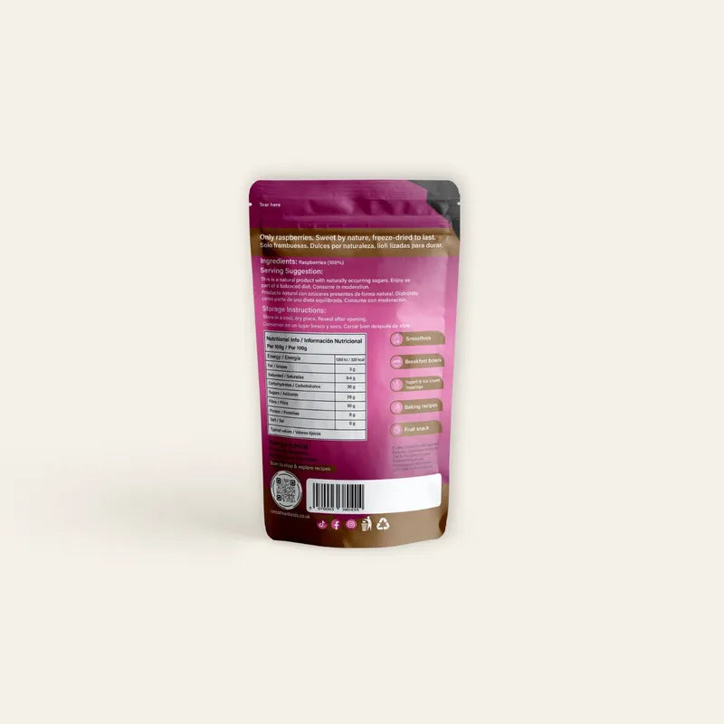 Back of Carpathian Fields freeze-dried raspberry pouch showing ingredients and nutritional details