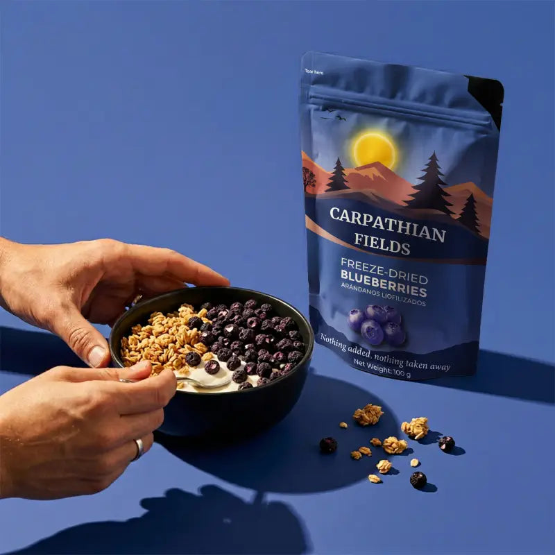Hands holding a bowl of granola with freeze-dried whole blueberries next to pouch on a blue background
