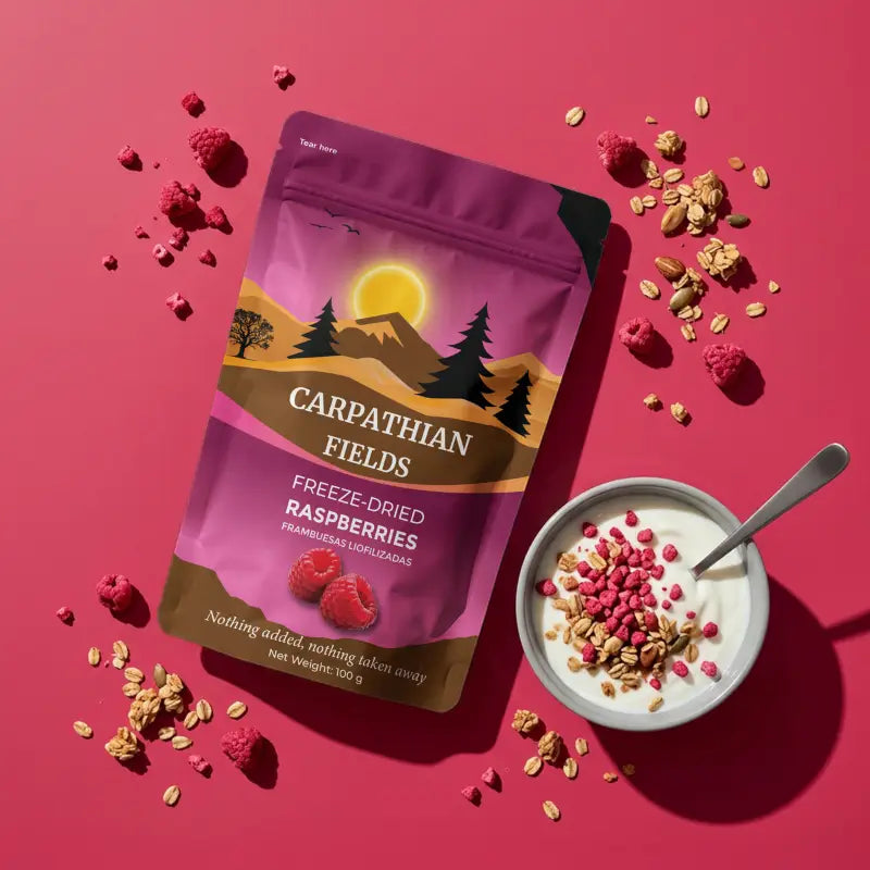 Freeze-dried raspberry pouch next to a yogurt bowl topped with granola