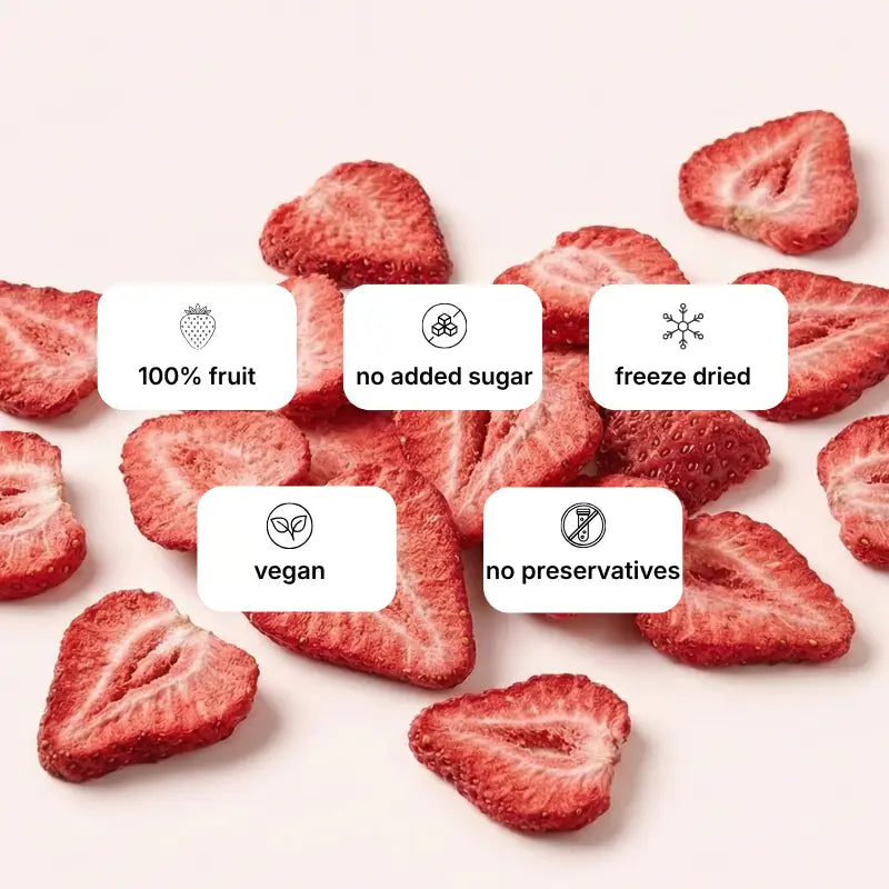 Freeze-dried strawberry slices benefits featuring 100% pure fruit, no added sugar, vegan, and no preservatives