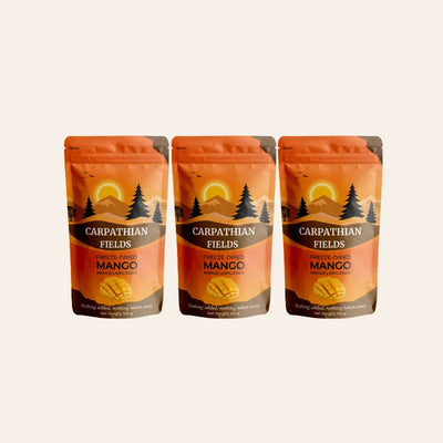 3-pack of Carpathian Fields freeze-dried mango trio slices pouches