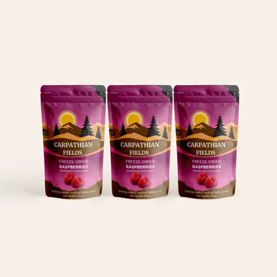 3-pack of Carpathian Fields freeze-dried raspberry crumbs pouches