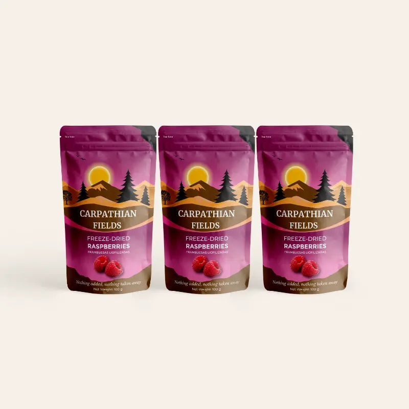 3-pack of Carpathian Fields freeze-dried raspberry crumbs pouches