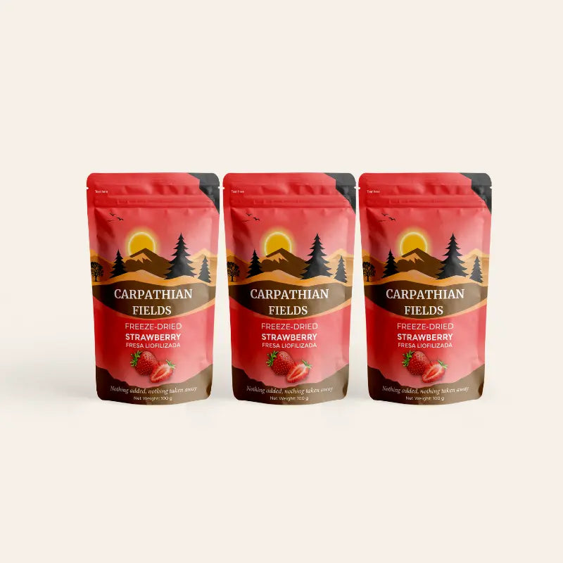 3-pack of Carpathian Fields freeze-dried strawberry trio pieces pouches