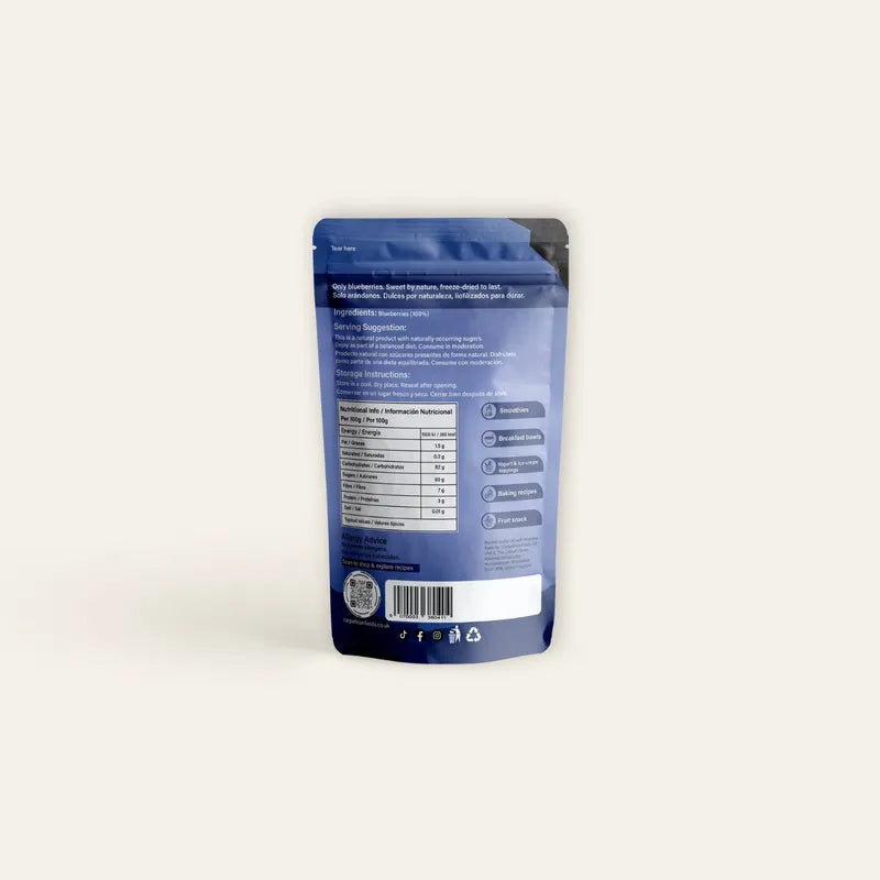 Back of Carpathian Fields freeze-dried blueberry pouch showing ingredients and nutritional information