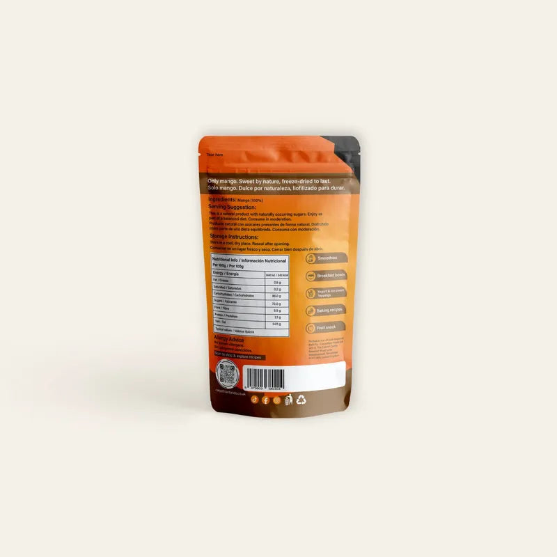 Back of Carpathian Fields freeze-dried mango pouch showing ingredients and nutrition information