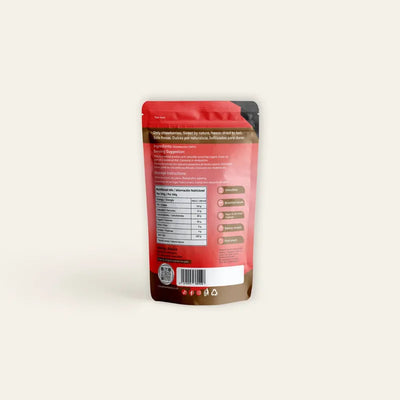 Back of Carpathian Fields freeze-dried strawberry slices pouch showing ingredients and nutritional info