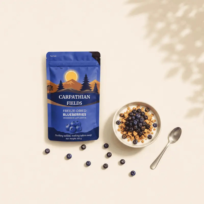 Carpathian Fields freeze-dried blueberries pouch next to a yogurt granola bowl with spoon on a beige background