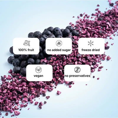 Freeze-dried whole blueberries nutrition benefits showing 100% pure fruit, no added sugar, vegan, and no preservatives