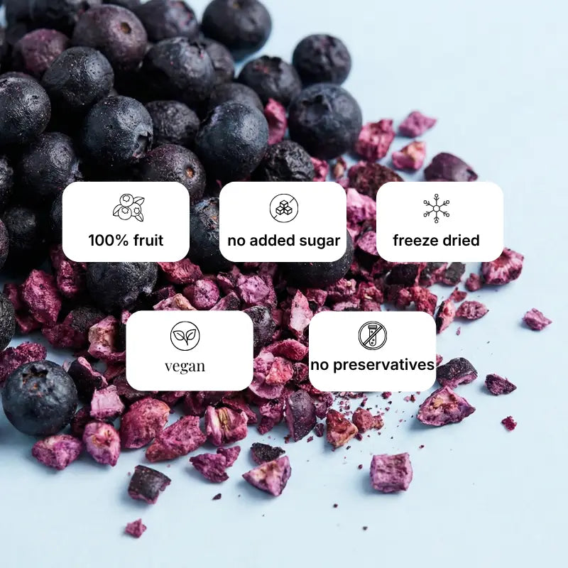 Freeze-dried whole blueberries nutrition benefits showing 100% pure fruit, no added sugar, vegan, and no preservatives