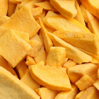 Close-up macro texture of crisp freeze-dried mango slices