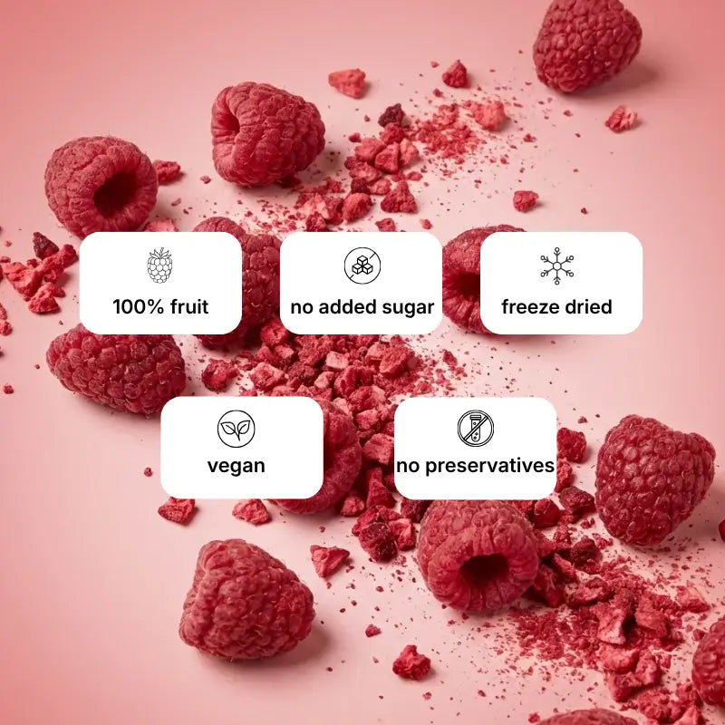 Freeze-dried raspberry crumbs nutrition benefits showing 100% pure fruit, no added sugar, vegan, and no preservatives