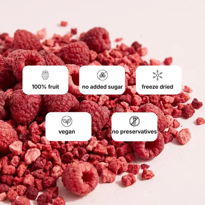 Freeze-dried raspberry crumbs benefits showing 100% pure fruit, no added sugar, vegan, and no preservatives