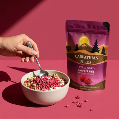 Freeze-dried raspberry pouch next to a breakfast bowl topping