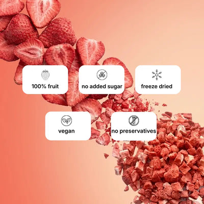 Freeze dried strawberries with  feature badges reading 100% fruit, no added sugar, freeze dried, vegan, and no preservatives.