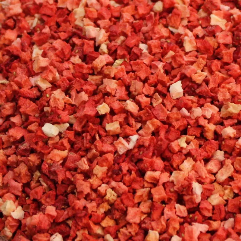Close-up texture of 100% pure freeze-dried strawberry pieces