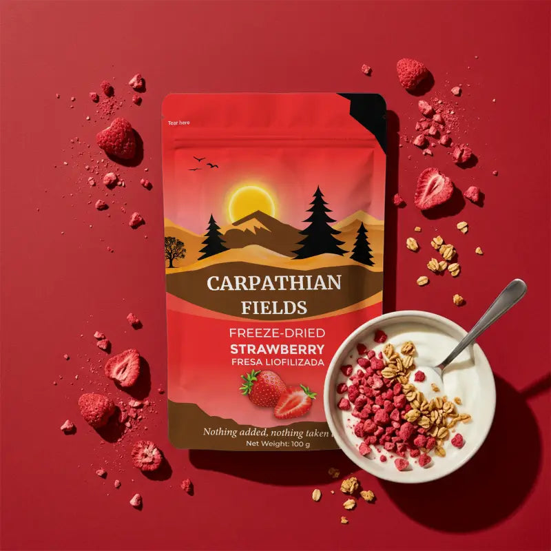 Freeze-dried strawberry pieces pouch standing beside a yogurt and cereal breakfast bowl