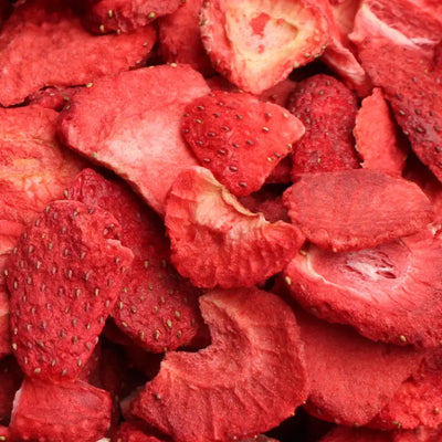 Close-up texture of 100% natural freeze-dried strawberry slices