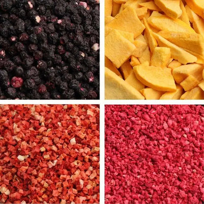 Four square panels showing different freeze dried blueberry, strawberry, raspberry, mango close up 