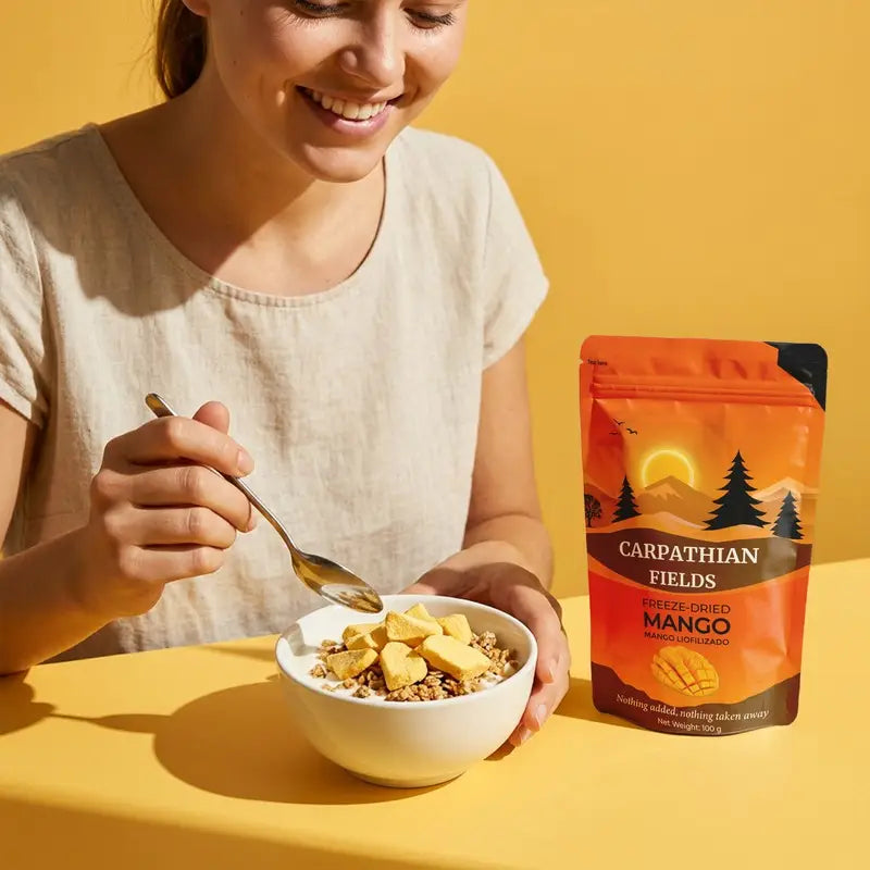 A woman in a beige linen top smiles while eating cereal from a white bowl, with a stand-up pouch of freeze dried mango slices cereal beside her on a bright yellow surface and background.